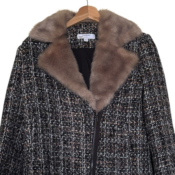 THAKOON Wool Blend Tweed Fur Moto Jacket Coat Biker Wide Notch Collar - Picture 3 of 11
